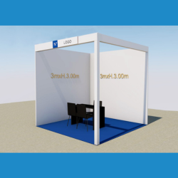 <strong> STAND 3x3 2 lati aperti </strong> <br> Comprende: moquette, 1 faretto luce, 1 cestino, 1 presa elettrica, 1 tavolo, 3 sedie, veletta con intestazione stand, 1kw di corrente elettrica