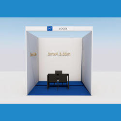 <strong> STAND 3x3 </strong> <br> Comprende: moquette, 1 faretto luce, 1 cestino, 1 presa elettrica, 1 tavolo, 3 sedie, veletta con intestazione stand, 1kw di corrente elettrica