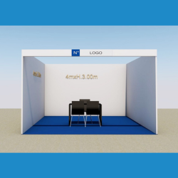 <strong> STAND 4x4 </strong> <br> Comprende: moquette, 1 faretto luce, 1 cestino, 1 presa elettrica, 1 tavolo, 3 sedie, veletta con intestazione stand, 1kw di corrente elettrica