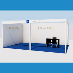 <strong> STAND 6x3 2 lati aperti </strong> <br> Comprende: moquette, 2 faretti luce, 1 cestino, 1 presa elettrica, 1 tavolo, 3 sedie, veletta con intestazione stand, 1kw di corrente elettrica