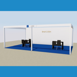<strong> STAND 8x4 3 lati aperti </strong> <br> Comprende: moquette, 4 faretti luce, 1 cestino, 1 presa elettrica, 2 tavoli, 6 sedie, veletta con intestazione stand, 1kw di corrente elettrica