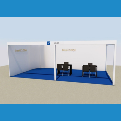 <strong> STAND 8x4 2 lati aperti </strong> <br> Comprende: moquette, 4 faretti luce, 1 cestino, 1 presa elettrica, 2 tavoli, 6 sedie, veletta con intestazione stand, 1kw di corrente elettrica