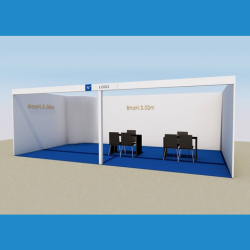 <strong> STAND 8x4 </strong> <br> Comprende: moquette, 4 faretti luce, 1 cestino, 1 presa elettrica, 2 tavoli, 6 sedie, veletta con intestazione stand, 1kw di corrente elettrica